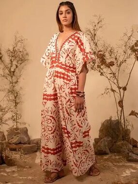 Anisa Spain Beaded Embellished Wide Leg Jumpsuit Tassel Ties Resort Boho M/L